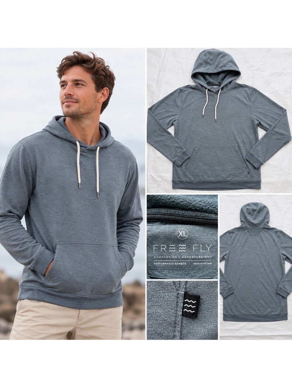 Free Fly Performance Bamboo Hoodie Men’s XL Gray Blue Pullover Lightweight